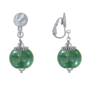 LES POULETTES BIJOUX Boucles d'Oreilles Clip Metal Argente et Grosses Perles en Ceramique - Vert Fonce