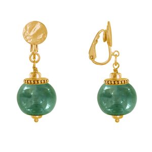 LES POULETTES BIJOUX Boucles d'Oreilles Clip Metal Dore et Grosses Perles en Ceramique - Vert Fonce