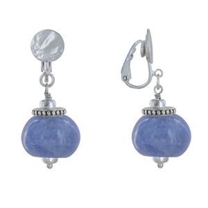 LES POULETTES BIJOUX Boucles d'Oreilles Clip Metal Argente et Grosses Perles en Ceramique - Bleu