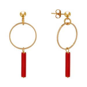 LES POULETTES BIJOUX Boucles d'Oreilles Plaqué Or Cercle et Perle Rectangulaire Brillante - Rouge Profond