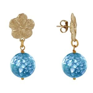 LES POULETTES BIJOUX Boucles d'Oreilles Clous Metal Dore Fleur et Perle de Nacre Facettee - Bleu