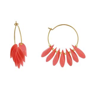 LES POULETTES BIJOUX Boucles d'Oreilles Creoles en Acier Petales en Bois - Rouge Geranium