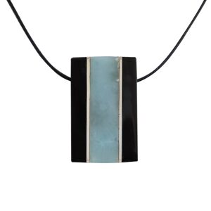 LES POULETTES BIJOUX Collier Homme Cordon Noir Rectangle Corne Noir et Larimar