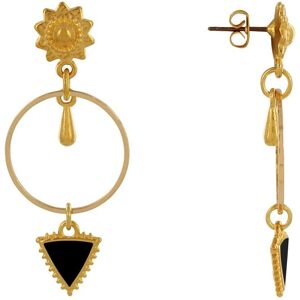 LES POULETTES BIJOUX Boucles d'Oreilles Laiton Dore Cercle Goutte et Triangle Émaille - Noir