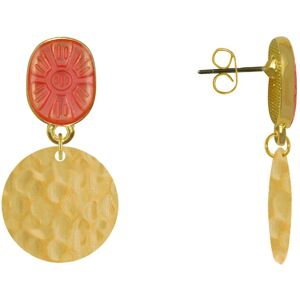 LES POULETTES BIJOUX Boucles d'Oreilles Laiton Dore Ovale Soleil en Resine et Pastille Martelee - Rouge Geranium