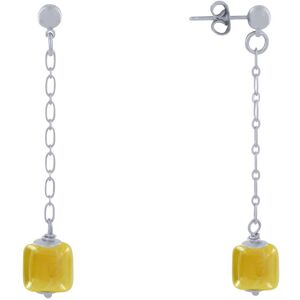 LES POULETTES BIJOUX Boucles d'Oreilles Chainette Laiton Argente et Cube en Ceramique - Jaune