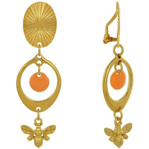 LES POULETTES BIJOUX Boucles d'Oreilles Clip Laiton Dore Cercle Pastille Colore et Abeille - Orange