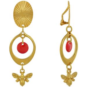 LES POULETTES BIJOUX Boucles d'Oreilles Clip Laiton Dore Cercle Pastille Colore et Abeille - Rouge