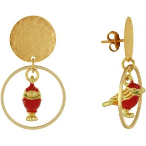 LES POULETTES BIJOUX Boucles d'Oreilles Clous Laiton Mat Pastille Brossee Anneau et Oiseau Colore - Rouge