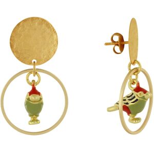 LES POULETTES BIJOUX Boucles d'Oreilles Clous Laiton Mat Pastille Brossee Anneau et Oiseau Colore - Vert