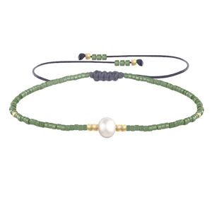 LES POULETTES BIJOUX Bracelet Lien Perle d'Eau Douce Blanche et Petites Perles Brillantes - Vert kaki