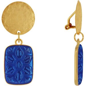 LES POULETTES BIJOUX Boucles d'Oreilles Clip Laiton Mat Pastille Brossee et Rectangle Fleur en Resine - Bleu