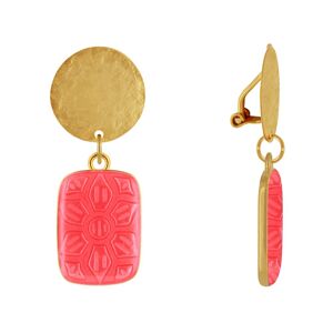 LES POULETTES BIJOUX Boucles d'Oreilles Clip Laiton Mat Pastille Brossee et Rectangle Fleur en Resine - Rose Fluo