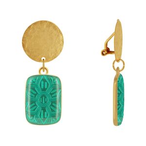 LES POULETTES BIJOUX Boucles d'Oreilles Clip Laiton Mat Pastille Brossee et Rectangle Fleur en Resine - Vert