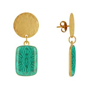 LES POULETTES BIJOUX Boucles d'Oreilles Clous Laiton Mat Pastille Brossee et Rectangle Fleur en Resine - Vert