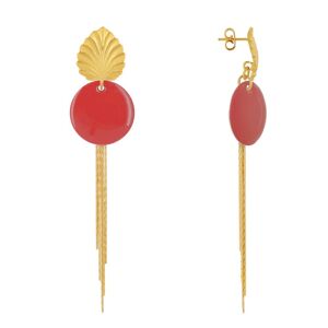 LES POULETTES BIJOUX Boucles d'Oreilles Clous Laiton Feuille Pastille Émaillee et Fils Pendants - Rouge