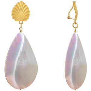 LES POULETTES BIJOUX Boucles d'Oreilles Clip Laiton Feuille et Grande Goutte de Nacre