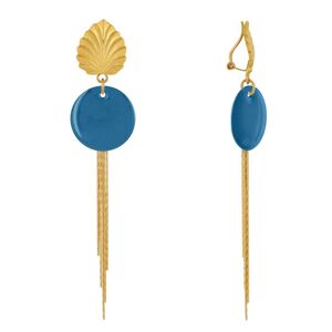 LES POULETTES BIJOUX Boucles d'Oreilles Clip Laiton Feuille Pastille Émaillee et Fils Pendants - Bleu