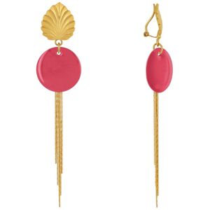 LES POULETTES BIJOUX Boucles d'Oreilles Clip Laiton Feuille Pastille Émaillee et Fils Pendants - Fuchsia