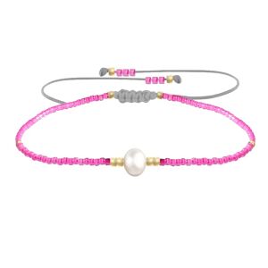 LES POULETTES BIJOUX Bracelet Lien Perle d'Eau Douce Blanche et Petites Perles Brillantes - Rose Fluo