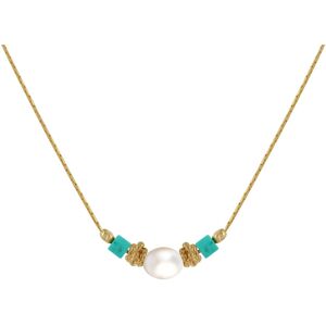 LES POULETTES BIJOUX Collier Gold Filled Perle de Culture Blanche Perles Plaque Or et de Turquoise