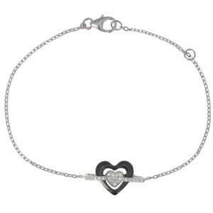 LES POULETTES BIJOUX Bracelet Argent Rhodié Coeur Céramique Noire et Strass