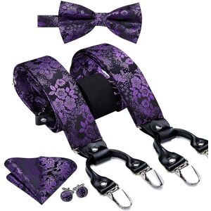 Nouveau Jacquard Soie Hommes Bretelles Ensemble Bleu Noir Fleur 4pc 6 Clips Male Bretelles Bowtie Poche Carré Boutons De Manchette 3.5cm Large Bdtz-30366 - Publicité