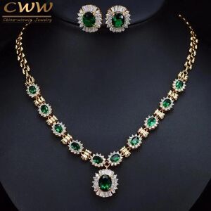 Collier et boucles d oreilles en cristal de zircone cubique verte, 6 couleurs au choix, ensemble de bijoux de mariage indien pour femmes, couleur or, T273 - Publicité