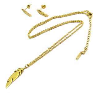 Les Trésors De Lily [P5057] - Parure collier + boucles acier 'Navajos' doré (plumes) - Publicité