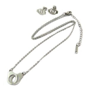 Les Trésors De Lily [P4899] - Parure collier + boucles acier 'Menottes' argenté - Publicité