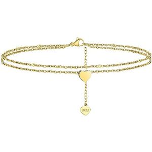 Lieson Bracelet de Cheville Femme Argent 925/1000, Chaine de Cheville Chaîne Double Épaisseur avec Cœur Or, Réglable Jusqu'à 25 cm Bijoux de Pieds Pour la Plage D'été - Publicité