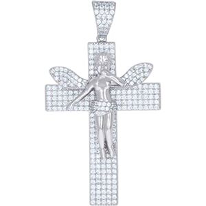 JewelryWeb Collier avec pendentif en argent sterling 925 et oxyde de zirconium cubique imitation diamant croix ange religieux bijoux pour homme, One Size, Zircone cubique Métal Zircone cubique Pierre précieuse - Publicité