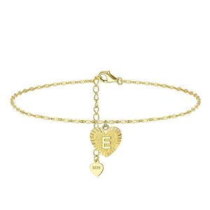 Lieson Chaine de Cheville Argent 925/1000, Bracelet de Cheville Femme Chaîne Simple avec Lettre Coeur E Or, Réglable Jusqu'à 26.5 cm Bijoux de Pieds Pour la Plage D'été - Publicité