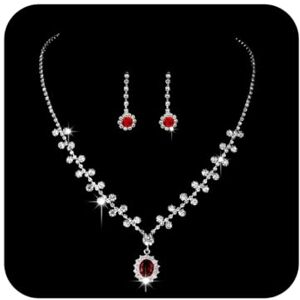 Ushiny Ensemble de bijoux de mariage argent avec strass scintillants Ensemble collier et boucles d'oreilles pendantes en rouge zircon cubique parure de bijoux pour femmes et filles (#XT-042) - Publicité