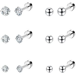 Dochais 6 Paires Titane Boucles D'oreilles Femme Homme, Lot Zyrconium Boucle d Oreille, Cartilage Helix Piercing Ronde Cubique Zircone Boucle D'oreille à Vis à Billes Dos Plat Barbell - Publicité