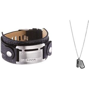 Fossil Homme Bracelet manchette en cuir noir JF84816040 + Collier avec plaque militaire en acier inoxydable JF00494998 - Publicité