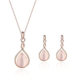 HSAJS Parure collier et boucles d'oreilles Parure Mariage Rose Gold Bijoux pour Femme Collier et Boucle D'oreille Goutte d'eau Pendentif Bijoux Cadeaux Demoiselle d'honneur Fantaisie Cadeau Bijoux (Rose) - Publicité