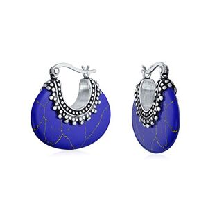 Bling Jewelry Boho Bali Style Tribal Created Blue Lapis Lazuli Oval Half Crescent Hoop Earrings For Femmes Oxidized Milgrain Caviar Bead 925 Argent Sterling - Publicité