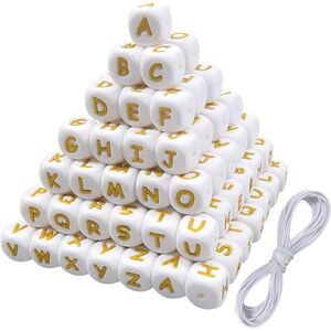 TOAOB THE ONE AND ONLY BABY TOAOB 52pcs Perles Lettres Alphabet Silicone pour Bracelets Cube 12 mm Alphabet Perles Carrées Grand Trou Blanc avec Or Lettres A à Z pour DIY Fabrication de Bijoux Colliers Fantaisie Porte-Clés - Publicité