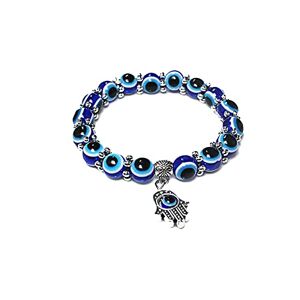 Yienate Bracelet vintage bleu mauvais œil avec main de Fatima Bracelet élastique noir Perles argentées en résine Œil bleu Pour femmes et filles (non-magnétique) - Publicité