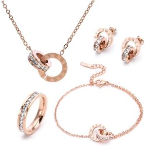 RPAEOY Parure Ensemble de Bijoux Femme Chiffres Romains Cercle Zircon Acier Inoxydable Plaqué Or Argent Boucles d'oreilles Bracelet Bague Collier Élégantes Mariage Soirée Cadeau (Or Rose) - Publicité