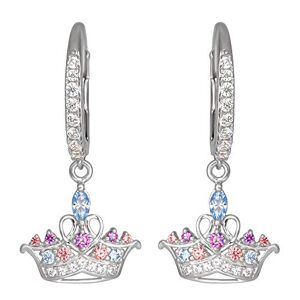 Disney Princess Sterling Silver Cubic Zirconia Jeweled Tiara Leverback Earrings, Official License - Publicité