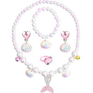 Xzeemo 5 Pcs Bijoux pour Petites Filles, Parure de Bijoux Enfant Sirène, Collier Bracelet Clip d'Oreille Anneau, Cadeau Sirene Anniversaire Noël pour Fille 2 3 4 5 Ans, Princesse Bijoux Habiller (C) - Publicité