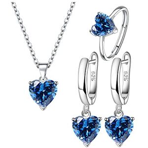 TTPSRY Parure de Bijoux pour Femme Boucles Bague d'Oreilles Collier de Zirconium Argent Elégant de Cœur Pendentifs Accesoire (Bleu) - Publicité