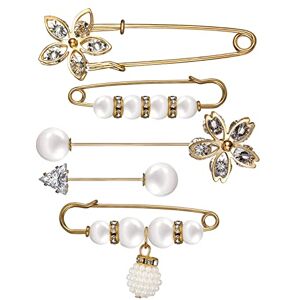 Emibele 5 Pièces Broches avec Strass Cristal, Broches de Sécurité en Alliage, Épingle de Vetements avec Perles Artificielles, Accessoire de Bijoux Décoratif pour Dames Femmes Filles, Or + Blanc - Publicité