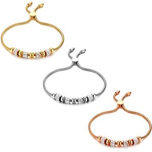 Flongo 3Pcs Bracelets de Perles en Acier Inoxydable Incrusté de Strass Couleurs Argent/Or/Or Rose Bracelet Manchette Réglable pour Couple Femme Fille - Publicité