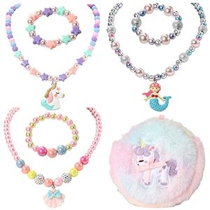 Pinkgarden Collier et Bracelet en Perles pour Enfants 3 Ensembles, Ensembles de Collier et Bracelet de Licorne En Coquille de Sirène, Sacs de Cadeaux D'Anniversaire pour Les Filles D'enfants - Publicité