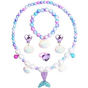 Xzeemo 5 Pcs Bijoux pour Petites Filles, Parure de Bijoux Enfant Sirène, Collier Bracelet Clip d'Oreille Anneau, Cadeau Sirene Anniversaire Noël pour Fille 2 3 4 5 Ans, Princesse Bijoux Habiller (A) - Publicité