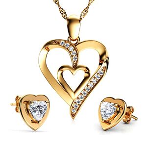 DEPHINI Parure de bijoux en or jaune 18 carats Collier en forme de cœur avec boucles d'oreilles Cristal de zircone Un cadeau de luxe pour femme, Or jaune - Publicité