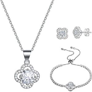 Emibele Parure de Bijoux pour Femme, Collier en Acier Inoxydable avec Pendentif de Trèfle à Quatre Feuilles, Bracelet & Clous d'Oreilles en Zircon Cubique, Cadeaux de Bijoux pour Mère, Platine - Publicité